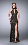 V-neck Sheath Floor Length Slit Keyhole Back Zipper Open-Back Collared Halter Lace Sheath Dress/Evening Dress with a Brush/Sweep Train With Rhinestones