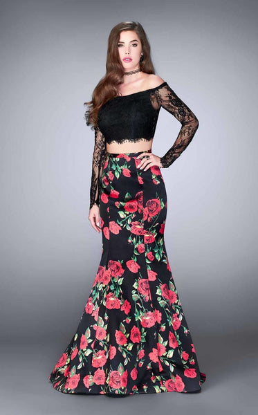 Floral Print Sheer Back Zipper Sheer Back Natural Waistline Mermaid Lace Long Sleeves Off the Shoulder Evening Dress