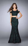 Lace Natural Waistline Cold Shoulder Sleeves Scoop Neck Back Zipper Sheer Mermaid Prom Dress With Rhinestones