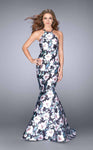 Mermaid Back Zipper Halter High-Neck Natural Waistline Floral Print Prom Dress