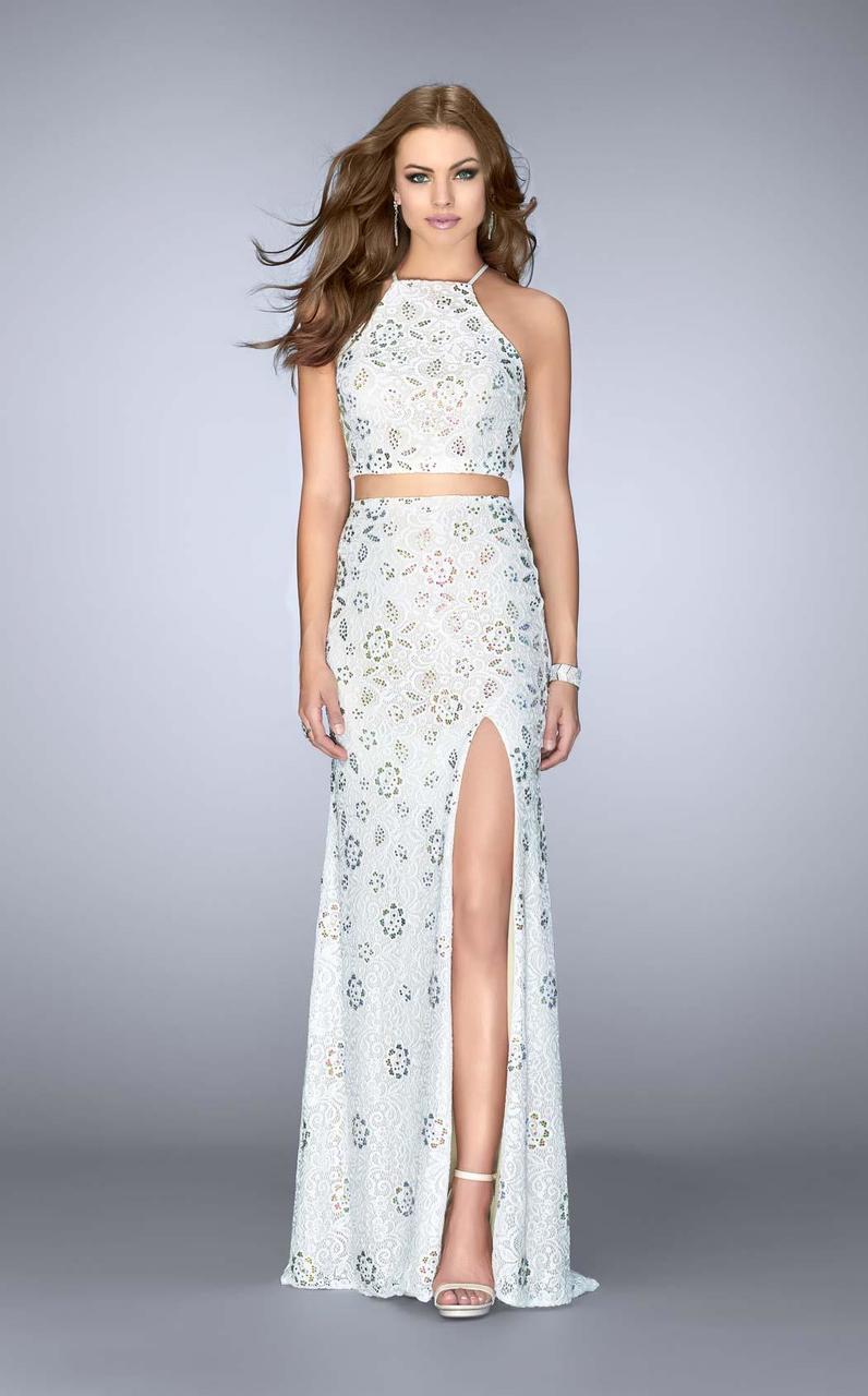 La Femme - 24678 Halter Style Crop Top Strappy Back Lace Prom Dress
