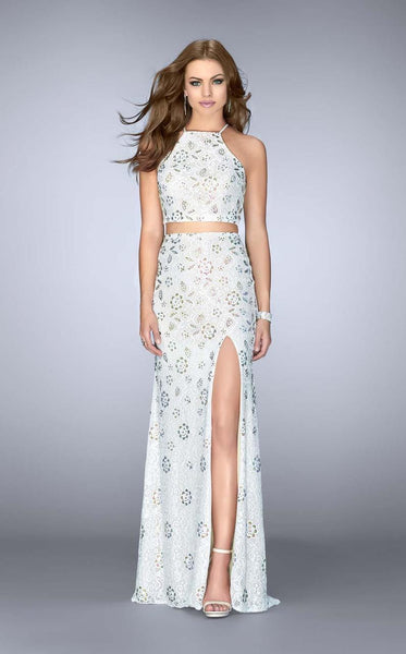 Cutout Back Zipper Slit Lace Corset Natural Waistline Halter High-Neck Pageant Dress/Prom Dress With Rhinestones