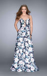 A-line Natural Waistline Lace-Up Pocketed Back Zipper Floral Print Sleeveless Sweetheart Evening Dress