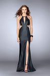 Natural Waistline Keyhole Fitted Slit Back Zipper Cutout Open-Back Halter Leather Floor Length Evening Dress with a Brush/Sweep Train