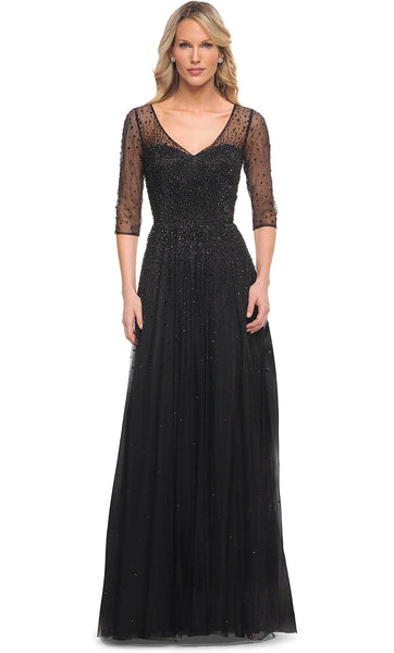 Sophisticated A-line V-neck Tulle Keyhole Sheer Pocketed Fitted Sequined Illusion Beaded 3/4 Sleeves Swing-Skirt Natural Waistline Evening Dress/Mother-of-the-Bride Dress