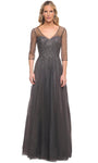 Sophisticated A-line V-neck Tulle 3/4 Sleeves Swing-Skirt Keyhole Sheer Fitted Pocketed Beaded Sequined Illusion Natural Waistline Evening Dress/Mother-of-the-Bride Dress