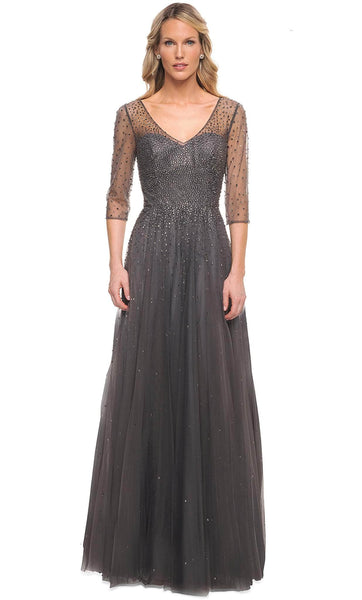 Sophisticated A-line V-neck Swing-Skirt Fitted Illusion Beaded Sheer Keyhole Pocketed Sequined Natural Waistline 3/4 Sleeves Tulle Evening Dress/Mother-of-the-Bride Dress