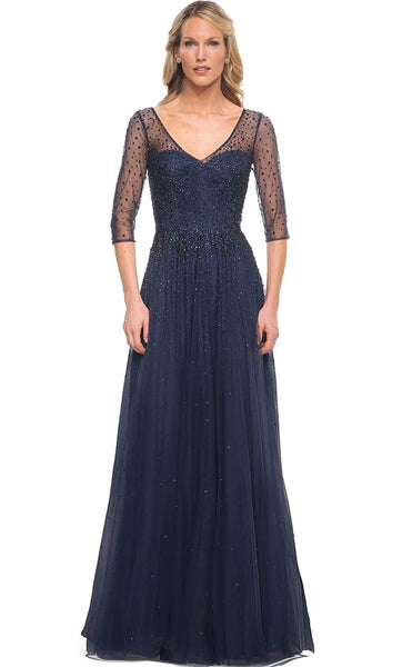Sophisticated A-line V-neck Fitted Sequined Illusion Pocketed Beaded Keyhole Sheer Swing-Skirt 3/4 Sleeves Natural Waistline Tulle Evening Dress/Mother-of-the-Bride Dress