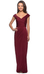 V-neck Cap Sleeves Gathered Back Zipper Beaded Ruched Faux Wrap Fitted Natural Waistline Floor Length Sheath Jersey Sheath Dress/Evening Dress with a Brush/Sweep Train