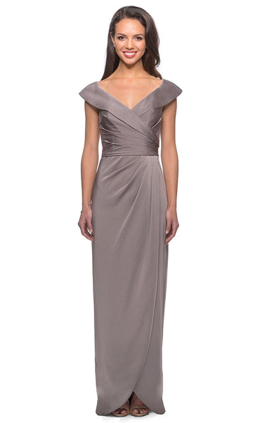 V-neck Jersey Cap Sleeves Sheath Floor Length Natural Waistline Faux Wrap Ruched Back Zipper Gathered Fitted Beaded Sheath Dress/Evening Dress with a Brush/Sweep Train