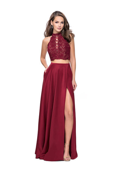 Sexy A-line Floor Length Cutout Lace-Up Racerback Slit Back Zipper Natural Waistline Halter Plunging Neck Dress With Rhinestones
