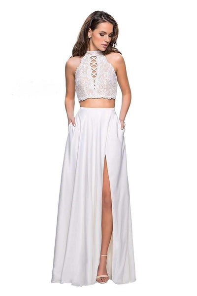 Sexy A-line Halter Plunging Neck Lace-Up Racerback Cutout Back Zipper Slit Natural Waistline Floor Length Dress With Rhinestones