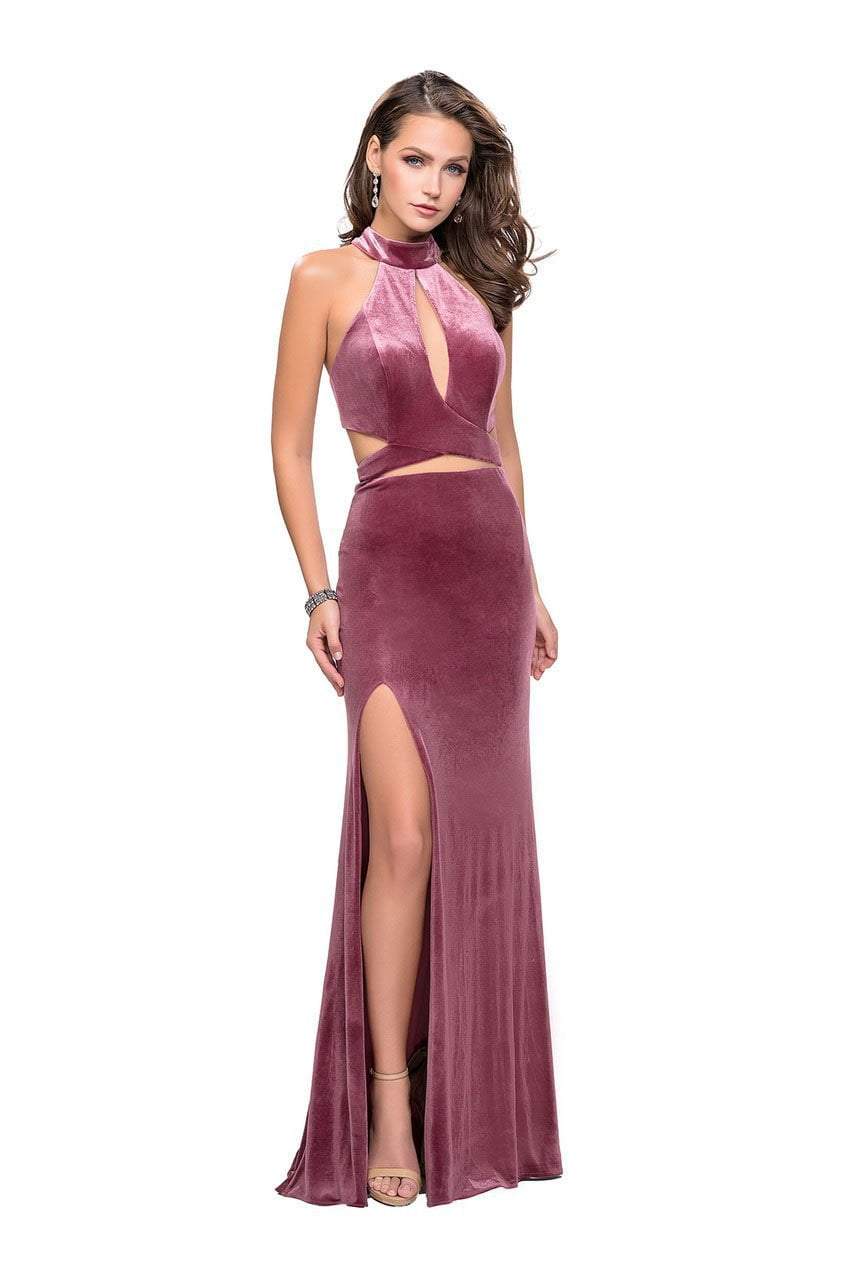 La Femme - 25294 Halter Velvet Sheath Dress with Cutouts
