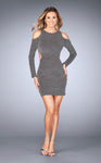 Back Zipper Cutout Fitted Jersey Sheath Short Cold Shoulder Long Sleeves Bateau Neck Natural Waistline Sheath Dress