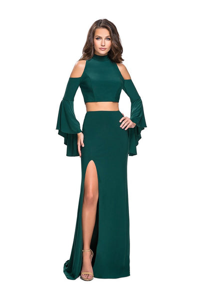 Slit Cutout Racerback Back Zipper Cold Shoulder Long Sleeves High-Neck Floor Length Sheath Natural Waistline Jersey Sheath Dress with a Brush/Sweep Train