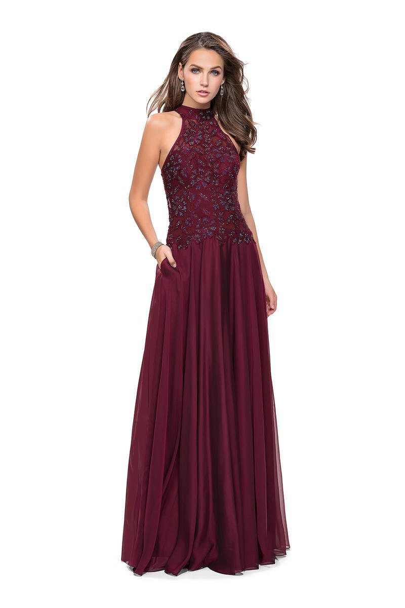 La Femme - 25355 Bejeweled Illusion Halter Lace Chiffon Gown
