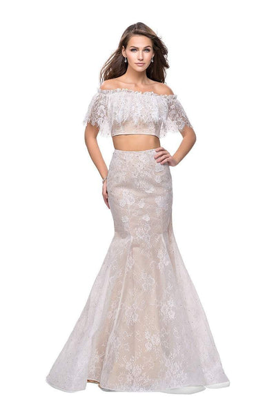Off the Shoulder Back Zipper Mermaid Lace Natural Waistline Floor Length Dress with a Brush/Sweep Train With Ruffles