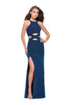 Sexy Sheath Halter Floor Length Sleeveless Natural Waistline Jersey Open-Back Racerback Fitted Cutout Slit Sheath Dress with a Brush/Sweep Train