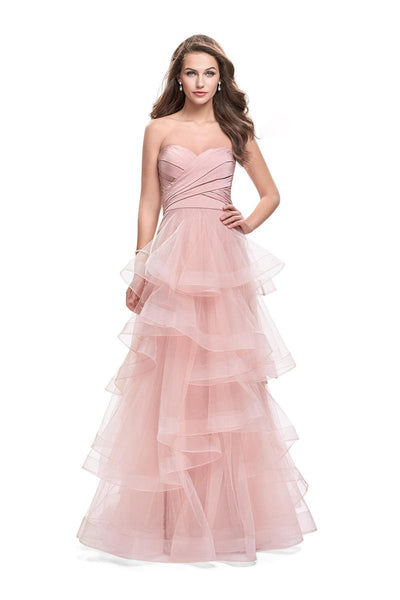 A-line Strapless Tulle Floor Length Natural Waistline Tiered Open-Back Back Zipper Ruched Sweetheart Evening Dress