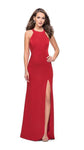 Jersey Natural Waistline Slit Back Zipper Halter Sheath Sleeveless Sheath Dress with a Brush/Sweep Train