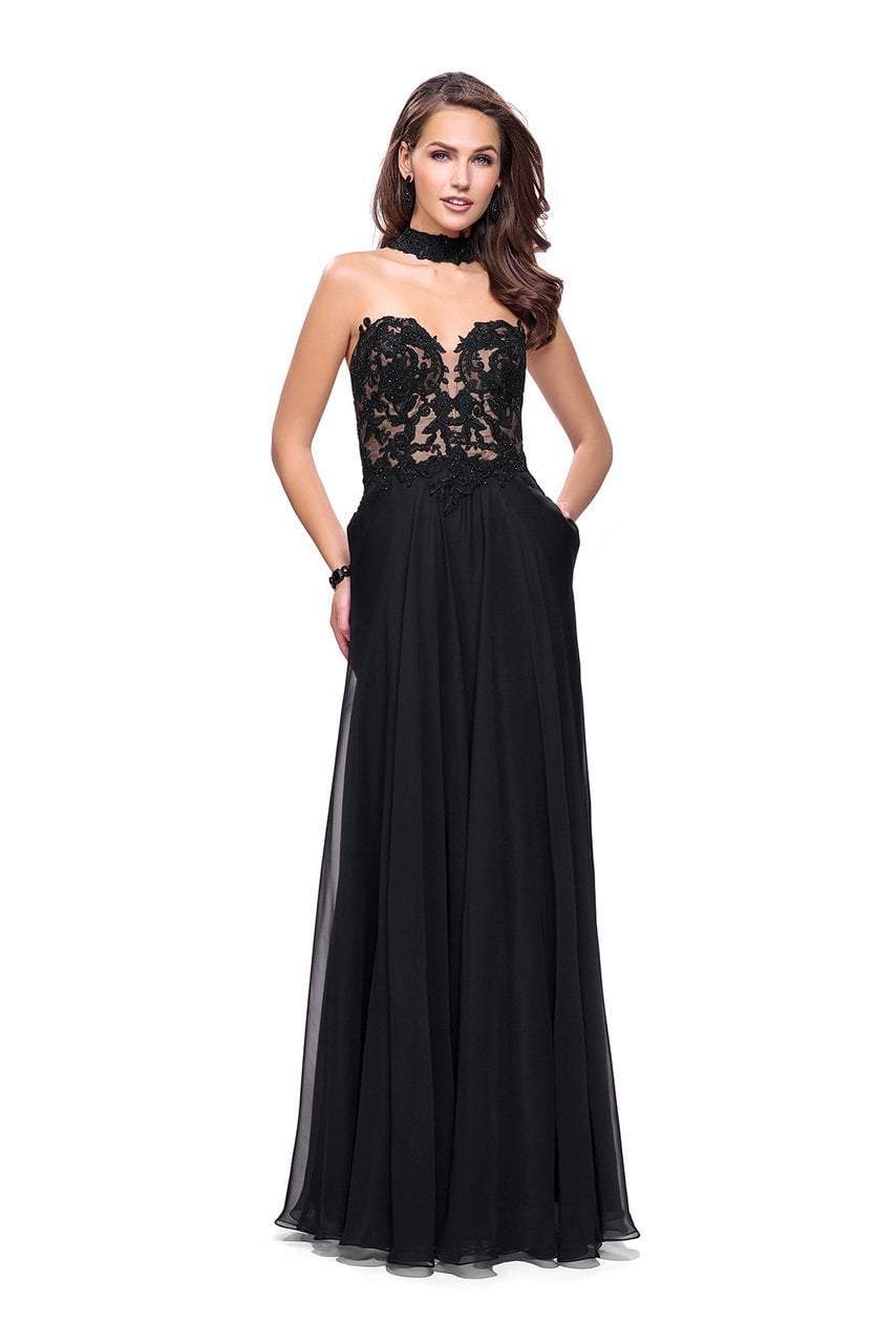 La Femme - 25450 Choker Accented Plunging Lace Bodice Gown
