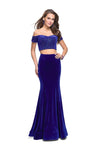 Mermaid Beaded Fitted Open-Back Off the Shoulder Velvet Dress with a Brush/Sweep Train by La Femme