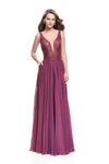 A-line Natural Waistline Plunging Neck Sweetheart Floor Length Open-Back Back Zipper Beaded Pleated Sheer Sleeveless Evening Dress