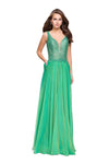 A-line Floor Length Sleeveless Plunging Neck Sweetheart Back Zipper Sheer Pleated Open-Back Beaded Natural Waistline Evening Dress