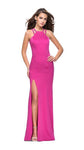 Beaded Slit Sleeveless Sheath Halter Natural Waistline Satin Sheath Dress with a Brush/Sweep Train