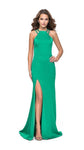 Sheath Satin Beaded Slit Sleeveless Natural Waistline Halter Sheath Dress with a Brush/Sweep Train