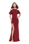 Sophisticated Floor Length Natural Waistline Sheath Jersey Off the Shoulder Spaghetti Strap Cutout Slit Open-Back Back Zipper Fitted Sheath Dress With Ruffles