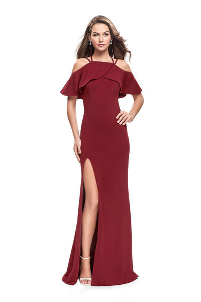 Sophisticated Floor Length Off the Shoulder Spaghetti Strap Natural Waistline Sheath Jersey Fitted Cutout Back Zipper Open-Back Slit Sheath Dress With Ruffles