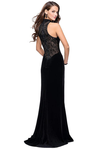 La Femme - 25559 High Neckline Velvet Fitted Gown with Side Slit Special Occasion Dress 00 / Black