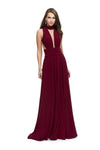 A-line V-neck Sleeveless Natural Waistline Jersey Floor Length Short Cutout Pleated Ruched Open-Back Back Zipper Choker High-Neck Plunging Neck Evening Dress