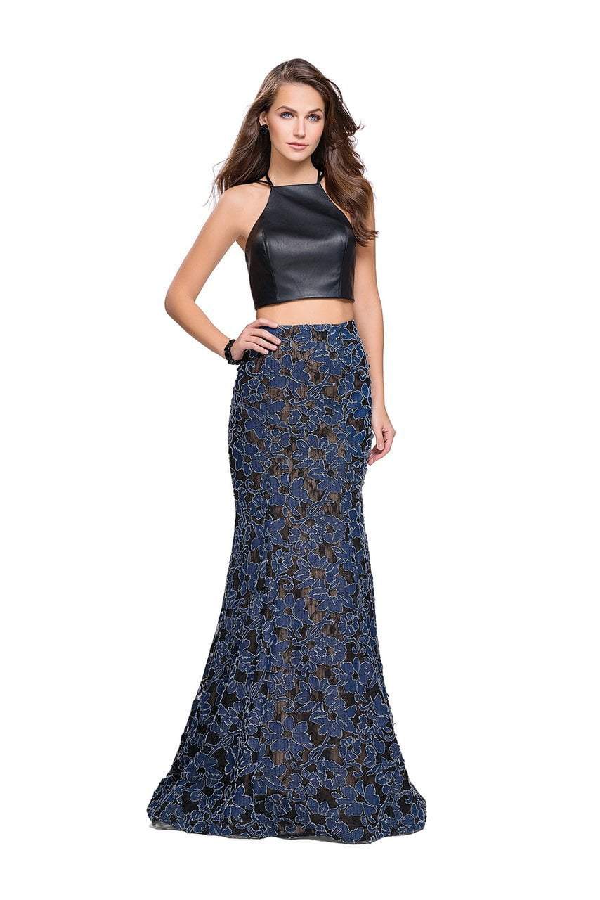 La Femme - 25602 Strappy Two Piece Halter Leather and Denim Gown
