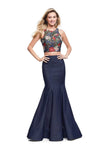 Mermaid Floral Print Sleeveless Jeweled Neck Natural Waistline Floor Length Denim Back Zipper Fitted Applique Open-Back Evening Dress with a Brush/Sweep Train