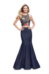 Sleeveless Natural Waistline Denim Floral Print Open-Back Fitted Applique Back Zipper Floor Length Mermaid Jeweled Neck Evening Dress with a Brush/Sweep Train