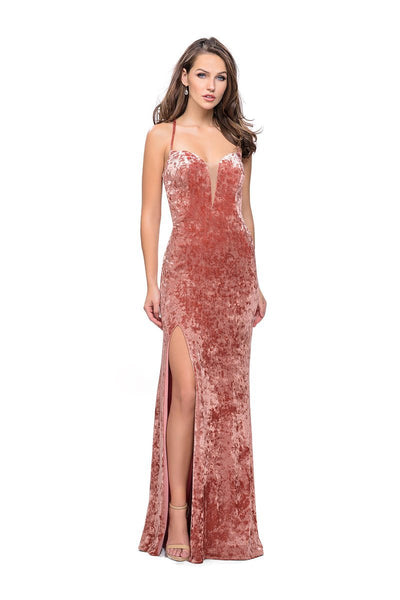 Sexy Sleeveless Spaghetti Strap Floor Length Open-Back Sheer Fitted Back Zipper Slit Sheath Natural Waistline Plunging Neck Sweetheart Velvet Sheath Dress/Evening Dress