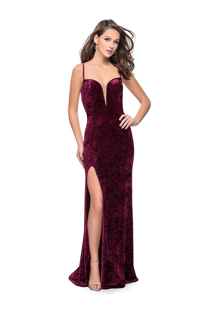 La Femme - 25659 Strappy Plunging Velvet Slit Dress
