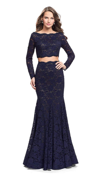 Sophisticated Lace Fitted Back Zipper Long Sleeves Natural Waistline Bateau Neck Mermaid Evening Dress with a Brush/Sweep Train