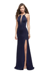 Sexy Jersey Back Zipper Beaded Slit Sheer Fitted Open-Back Natural Waistline Sleeveless Floor Length Short Sheath Halter Plunging Neck Sheath Dress