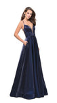 A-line Floor Length Satin Natural Waistline Plunging Neck Sweetheart Sleeveless Spaghetti Strap Dress