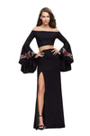 Floral Print Bell Sleeves Off the Shoulder Sheath Floor Length Natural Waistline Fitted Applique Back Zipper Slit Jersey Sheath Dress with a Brush/Sweep Train