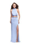 Sleeveless Natural Waistline Choker Halter Sheath Open-Back Cutout Slit Beaded Belted Back Zipper Sheath Dress with a Brush/Sweep Train