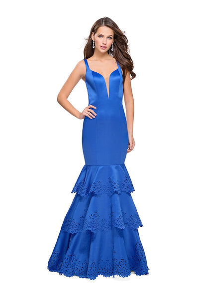 Sophisticated V-neck Satin Natural Waistline Open-Back Back Zipper Cutout Tiered Fitted Sheer Mermaid Plunging Neck Sleeveless Dress With Ruffles