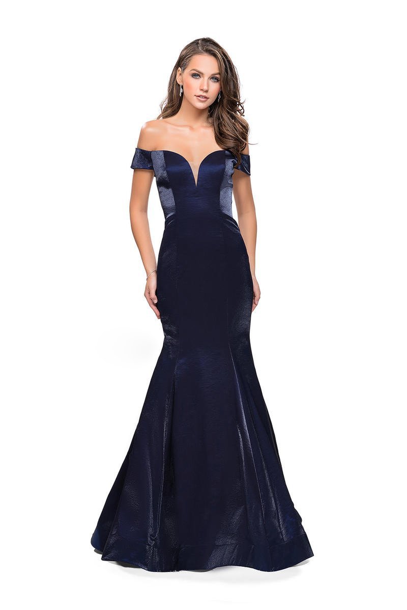 La Femme - 25764 Two Tone Off-Shoulder Satin Mermaid Dress
