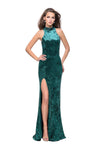 Sophisticated Sleeveless Velvet Natural Waistline Open-Back Fitted Slit Beaded Back Zipper Sheath Choker Halter Sheath Dress with a Brush/Sweep Train