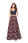 A-line Floral Print Sleeveless Natural Waistline Denim Pocketed Sheer Jacquard Open-Back Back Zipper Floor Length Plunging Neck Sweetheart Evening Dress