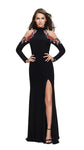 Sexy Long Sleeves High-Neck Sheath Floor Length Floral Print Back Zipper Applique Open-Back Slit Cutout Fitted Sheath Dress with a Brush/Sweep Train