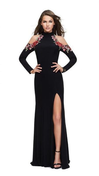 Sexy Sheath Floral Print Applique Back Zipper Fitted Cutout Open-Back Slit Floor Length Long Sleeves High-Neck Sheath Dress with a Brush/Sweep Train